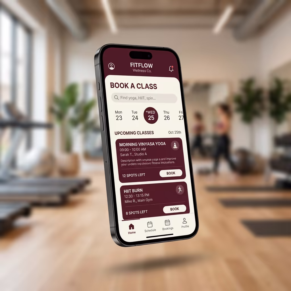YDL Branded Customer App showing class schedule and booking interface
